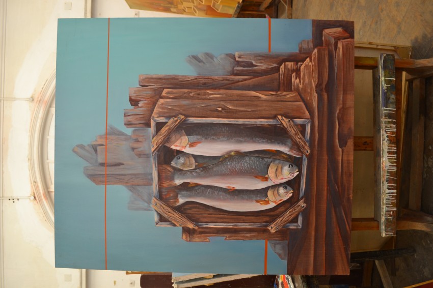 Salmon fish and oak wood