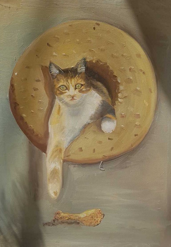 Coloured Cat Catching The Chicken